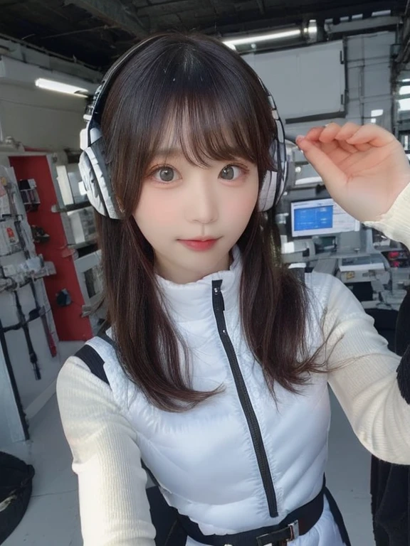 masterpiece, highest quality, Very detailed, 8K Portrait,japanese android girl,Plump , Control panel,Robotic arms and legs, Blunt bangs,,BREAK (metallic gray, metallic luster, mirror finish, astrovest):5,headphone:5,BREAK (black sleeves):100,smartwatch,futuristic space station,control room,BREAK headphone,blue eyes,(black hair):2,(long hair):1.3,look at viewer,(Respirator),BREAK blush:3,hidden hands,smile