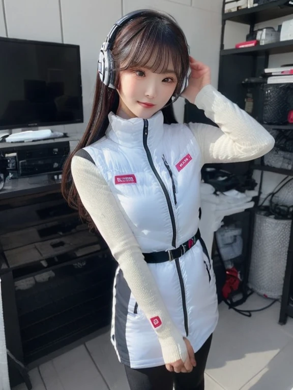 masterpiece, highest quality, Very detailed, 8K Portrait,japanese android girl,Plump , Control panel,Robotic arms and legs, Blunt bangs,,BREAK (metallic gray, metallic luster, mirror finish, astrovest):5,headphone:5,BREAK (black sleeves):100,smartwatch,futuristic space station,control room,BREAK headphone,blue eyes,(black hair):2,(long hair):1.3,look at viewer,(Respirator),BREAK blush:3,hidden hands,smile