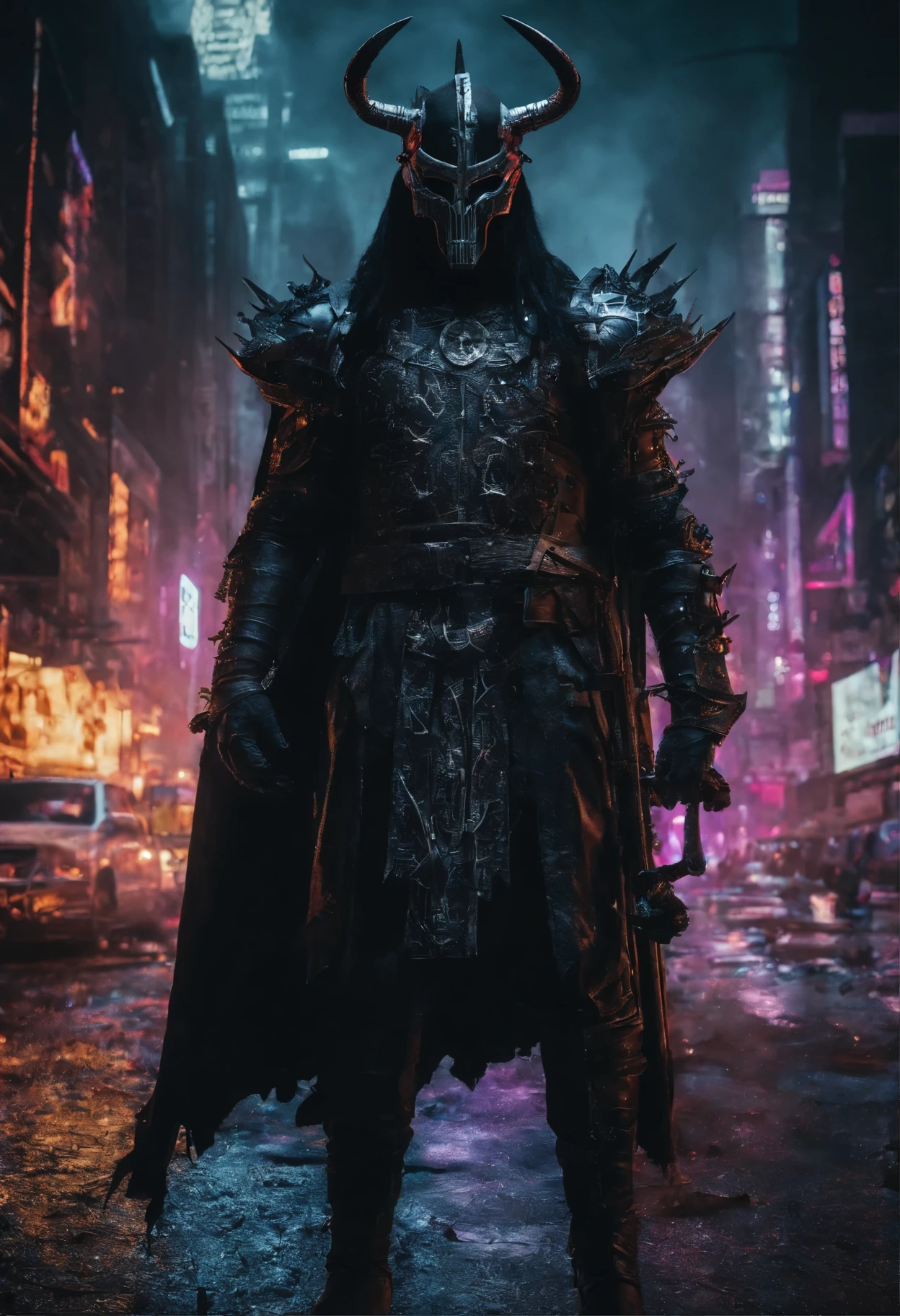 (extremely detailed 8k wallpaper), a medium shot photo of cyberpunk Grim dressed as a masked viking in an armour made of metal from marvel, cyberpunk theme, intricate, high detail, dramatic, neon city lights in the background