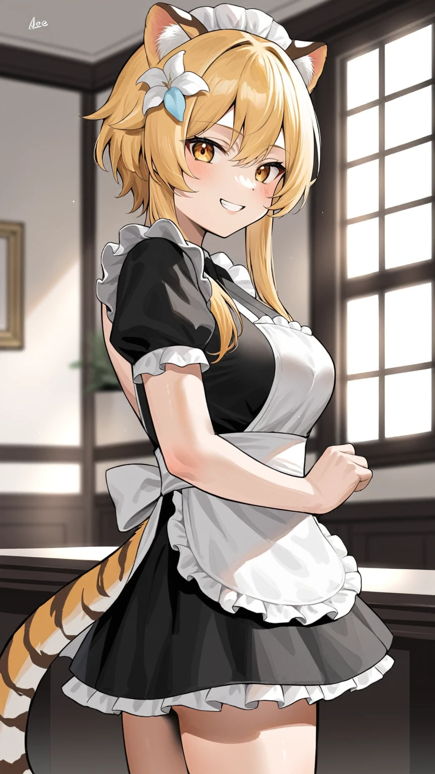 source_anime,score_9,score_8_up,ikuchan, BREAK, 1girl, short hair, INDOORS, MEDUIM BREASTS, BRANDING, smile, happy, lole, ((aged down)), young, very young, rating:safe, sfw, smug, grin, furry, tiger, blonde hair, fur, tiger fur, tiger ears, maid, maid outfit, ass, skirt, rating:safe, sfw, skirt, aged down, lole, young, extremely young, ginger hair, lumine, genshin impact