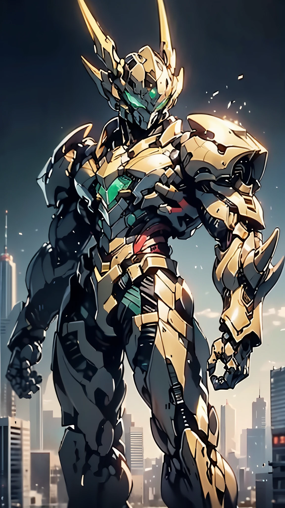 A man wearing a full-face helmet, a fantasy-style biotech armored combat suit, green eyes, (a composite layered chest armor), fully enclosed shoulder guards, matching arm and leg guards, the belt is adorned with dragon claw grasping orbs, (primarily black with red accents), the design balances heavy with agility, a high-tech bio-mecha armor, (lion concept Armor, stand on the top of a skyscraper in a futuristic sci-fi city), this character embodies a finely crafted fantasy-surreal style armored hero in anime style, exquisite and mature manga art style, (element, plasma, energy, the armor glows), ((male:1.5)), metallic, real texture material, dramatic, high definition, best quality, highres, ultra-detailed, ultra-fine painting, extremely delicate, professional, perfect body proportions, golden ratio, anatomically correct, symmetrical face, extremely detailed eyes and face, high quality eyes, creativity, RAW photo, UHD, 32k, Natural light, cinematic lighting, masterpiece-anatomy-perfect, masterpiece:1.5