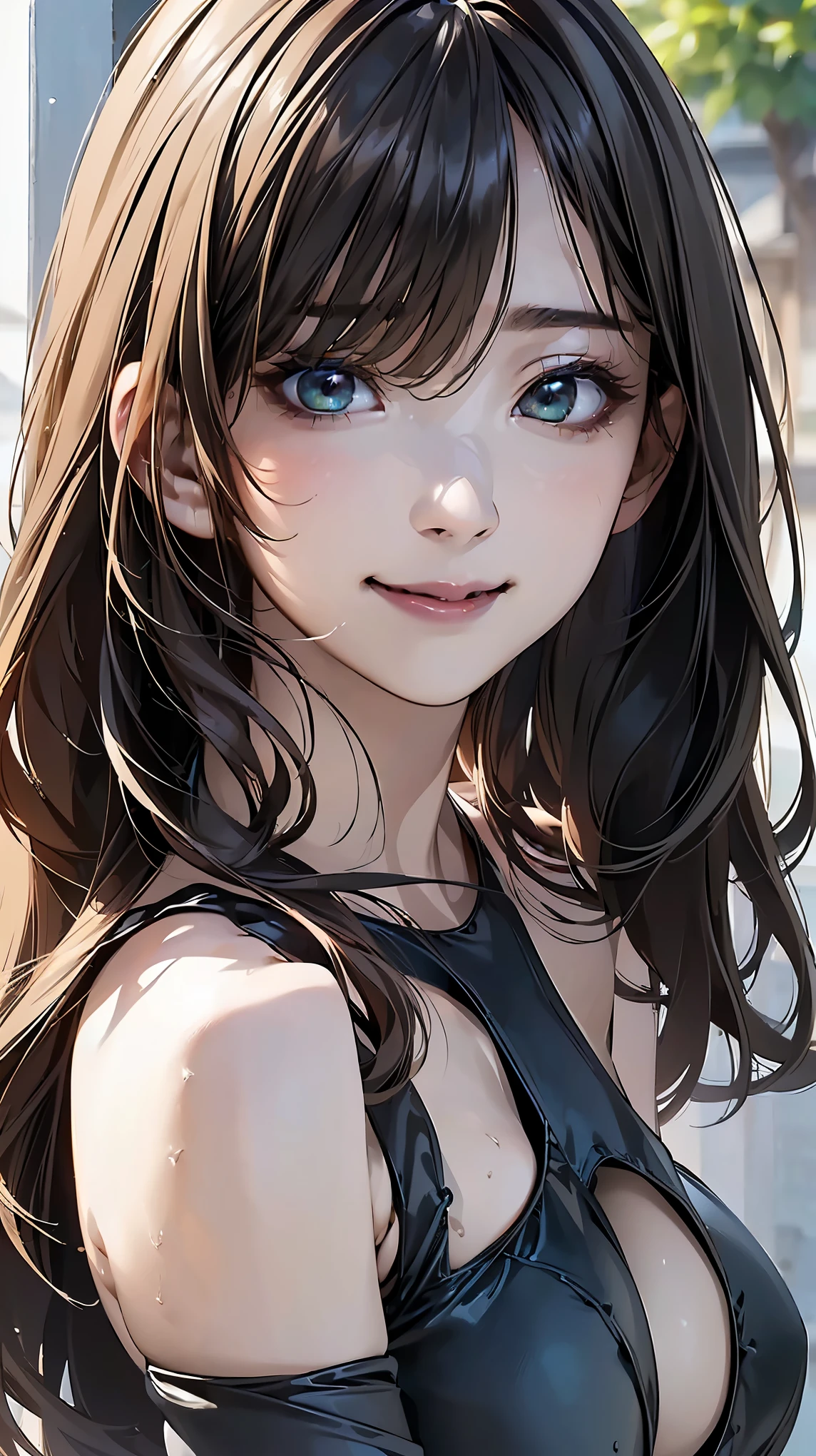 (Browsing Caution:1.2), (8k, RAW Photos, Best image quality, masterpiece: 1.4), (Highly detailed CG Unity 8k wallpaper, highest quality, High resolution: 1.2), (Ultra_Familiar, 超High resolution: 1.2), super highly Familiar, (Realistic, Realistic: 1.48), 1 girl, Focus Only,((Dark green eyes:1.4, Round eyes, Beautiful eyelashes)), Clear Eyes,(Large Breasts:1.5),Shiny Hair, beautiful Familiar cold face,Captivating smile, Beautiful and delicate eyes with exquisite detail,Extremely accurate details,Skin dents,Outdoor,Perfect Face,Perfect body, Beautiful Eyes, Beautiful Face,(Portraiture:1.5),Beautiful clavicle,Upward glance,Very cute woman,(black swimsuit:1.5),brown hair,nsfw:1.2,gravure,