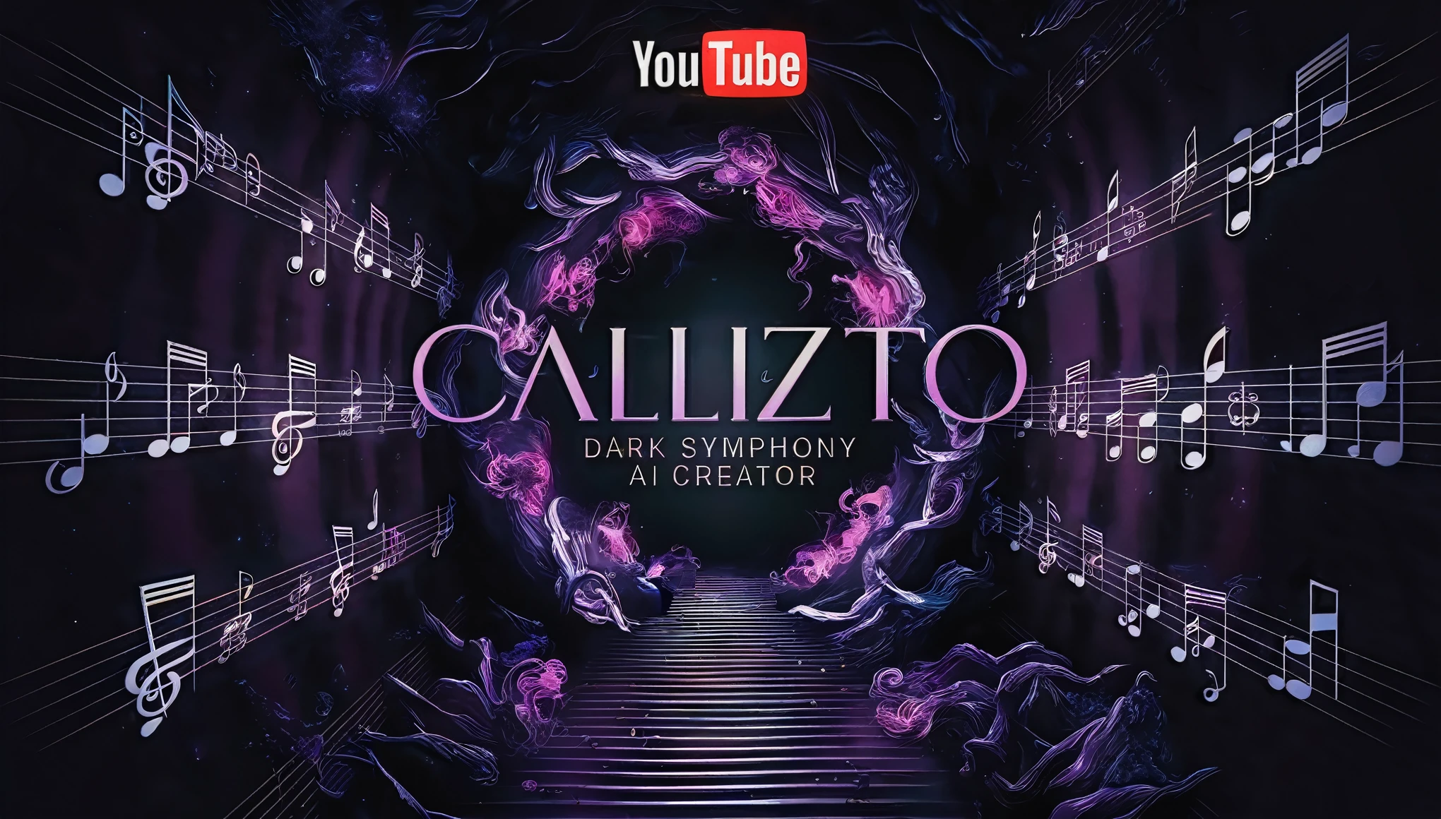 a close up of a stairway with music notes and a video callizto, inspired by Guillermo del Toro, official music video, inspired by Pedro Álvarez Castelló, trailer, youtube thumbnail, youtube, youtuber, inspired by Cristofano Allori, video, music video, by Caroline Chariot-Dayez, by Pedro Álvarez Castelló, album