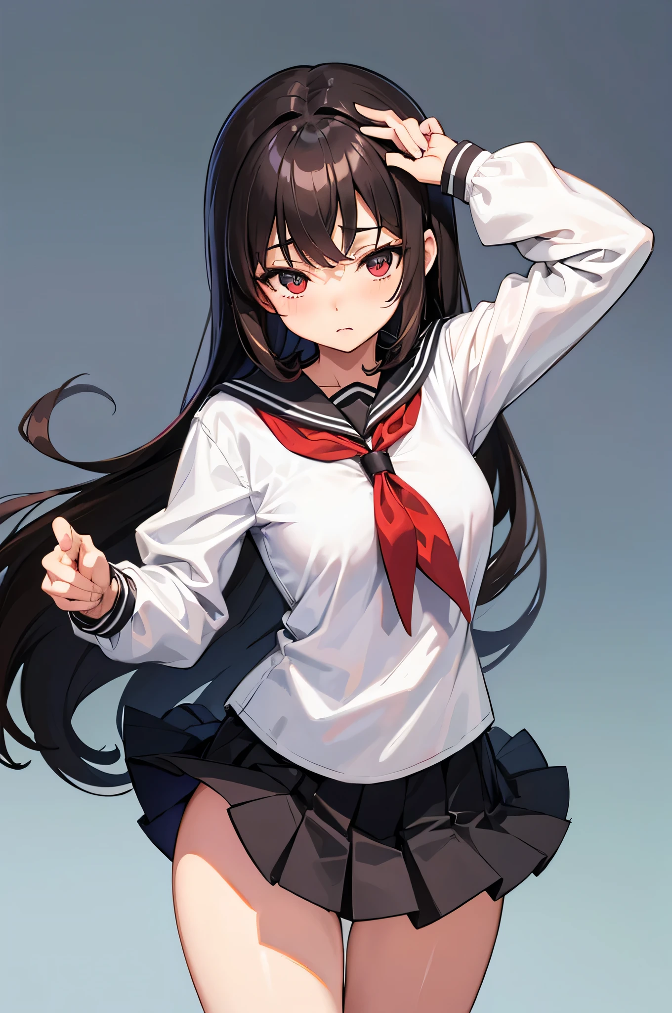 an anime character with long brown tresses and a short miniskirt in sailor very open outfit, holding a bow and arrow, 1girl, solo, lift miniskirt, sexy, very short school uniform, very sexy, se aprecia el cuerpo desnudo tras la ropa, short serafuku, firm medium breasts, long hair, black hair, cowboy miniskirt, looking at viewer, white background, simple background, black serafuku, pleated skirt, blush, random low angle, uncensored, 90% nude, nsfw, all intricate details