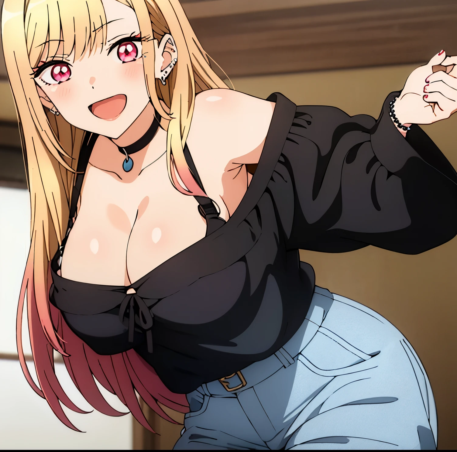 1girl, alone,Marin Kitagawa (extremely detailed CG unity 4k wallpaper),(masterpiece),(best quality),(ultra-detailed),(best illustration),(best shadow),(absurdres),(detailed background), Marin Kitagawa, 1girl, kitagawa marin, jewelry, breasts, blonde hair, solo, cleavage, ring, pants, piercing, long hair, bracelet, choker, jeans, fake nails, pink nails, shirt, earrings, v, denim, red eyes, looking at viewer, black shirt, ear piercing, open mouth, belt, smile, leaning forward, multicolored hair, nail polish, bead bracelet, beads, bangs, black choker, blush,big breasts, medium waist, wide hips, medium thighs, perfect hands, perfect anatomy