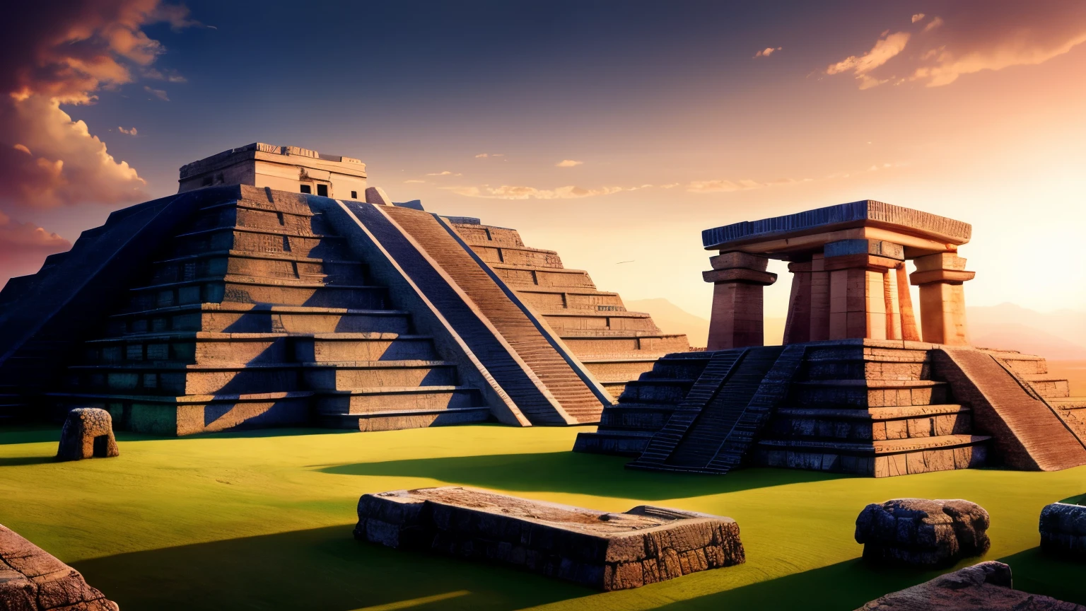 In the third plane, There are key elements of each Mesoamerican civilization intermingling, as people go about their daily lives,architectural wonders inspired by Mesoamerican cultures begin to emerge, and the sun starts to set [Masterpiece: 1.5, Best Quality], [Highly detailed digital painting], [Intricate Mesoamerican motifs and patterns], [Vibrant colors reflecting the sunset], [Awe-inspiring depiction of ancient rituals], [Dynamic angles showcasing the architecture], [Extremely detailed CG unity 8k wallpaper], [Realistic textures on the ancient stones], [Sense of depth and perspective], [Subtle shadows adding