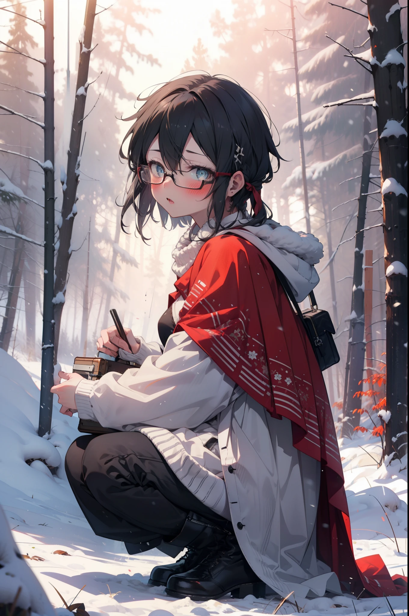 Shino Asada, Shino Asada, (black eye:1.5), Black Hair, Hair between the eyes, Hair Ribbon, short hair, Side Lock, Glasses, (Small breasts:1.2),blush,White Breath,
Open your mouth,snow,Ground bonfire, Outdoor, boots, snowing, From the side, wood, suitcase, Cape, Blurred, having meal, forest, White handbag, nature,  Squat, Mouth closed, Cape, winter, Written boundary depth, Black shoes, red Cape break looking at viewer, Upper Body, whole body, break Outdoor, forest, nature, break (masterpiece:1.2), highest quality, High resolution, unity 8k wallpaper, (shape:0.8), (Beautiful and beautiful eyes:1.6), Highly detailed face, Perfect lighting, Highly detailed CG, (Perfect hands, Perfect Anatomy),