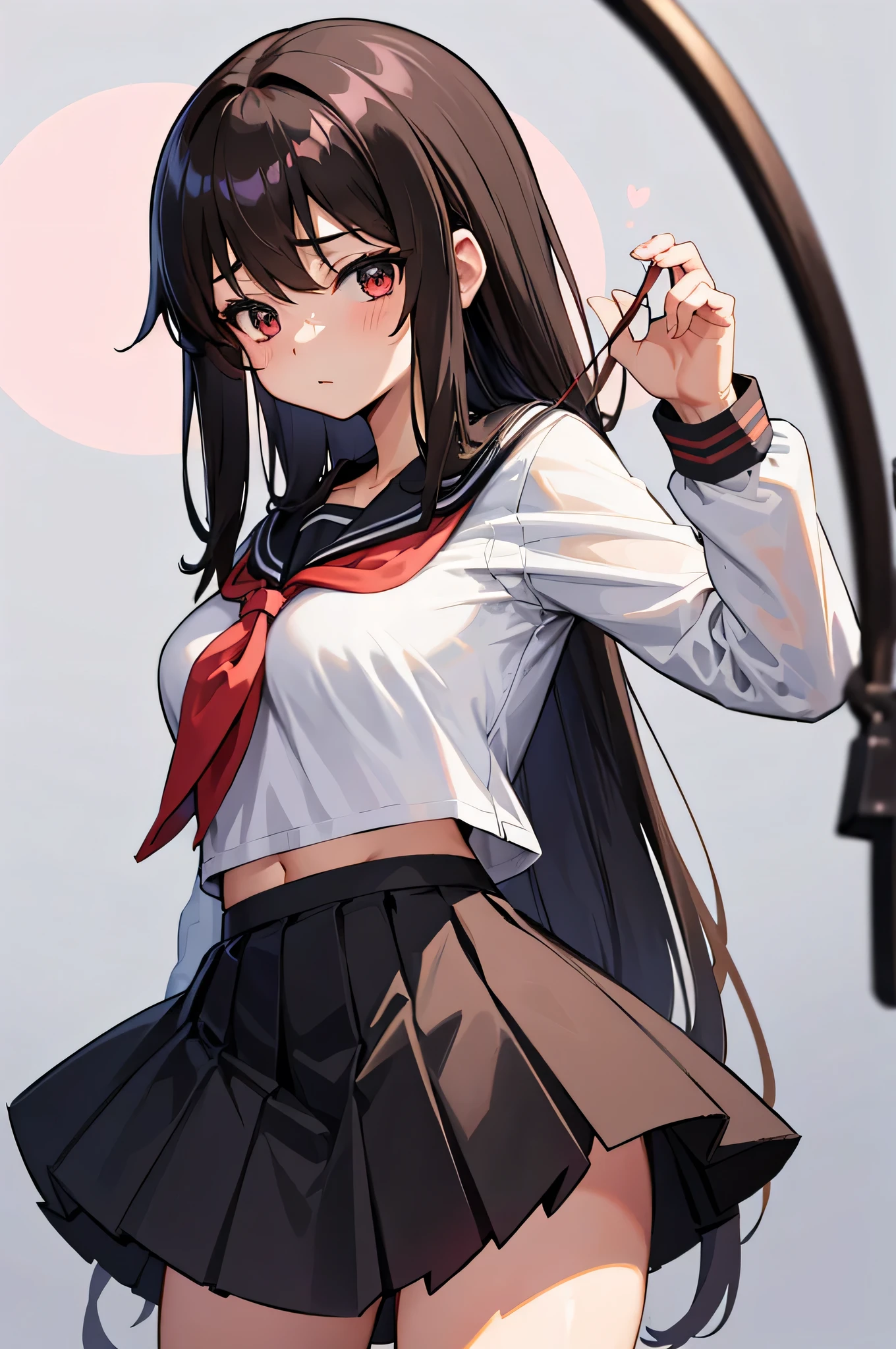 an anime character with long brown tresses and a short miniskirt in sailor very open outfit, holding a bow and arrow, 1girl, solo, lift miniskirt, sexy, very short school uniform, very sexy, se aprecia el cuerpo desnudo tras la ropa, short serafuku, firm medium breasts, long hair, black hair, cowboy miniskirt, looking at viewer, white background, simple background, black serafuku, pleated skirt, blush, random low angle, uncensored, 90% nude, nsfw, all intricate details