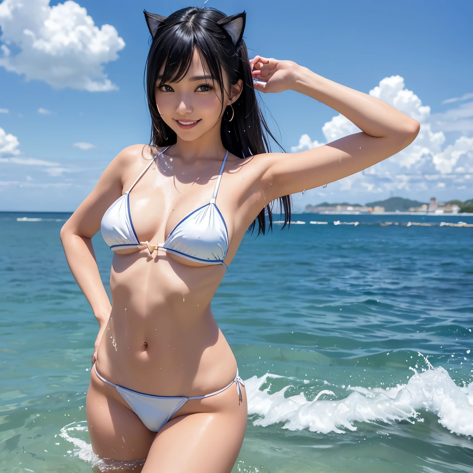 (Golden glowing eyes:1.2)、Black fox ears、sea side、maikurobikini、、natta、 student、Semi-long、large full breasts、You can see the big tail of the black fox、Black nails、Smiling、masterpiece、Real Light、youkai、Human ears are hidden by hair、Noble lady、独奏、Moon in the sky