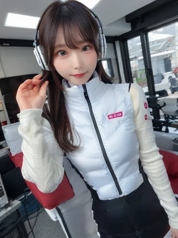 masterpiece, highest quality, Very detailed, 8K Portrait,japanese android girl,Plump , Control panel,Robotic arms and legs, Blunt bangs,,BREAK (metallic gray, metallic luster, mirror finish, astrovest):5,headphone:5,BREAK (black sleeves):100,smartwatch,futuristic space station,control room,BREAK headphone,blue eyes,(black hair):2,(long hair):1.3,look at viewer,(Respirator),BREAK blush:3,hidden hands,smile