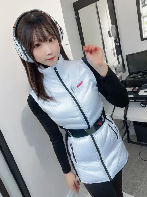 masterpiece, highest quality, Very detailed, 8K Portrait,japanese android girl,Plump , Control panel,Robotic arms and legs, Blunt bangs,,BREAK (metallic gray, metallic luster, mirror finish, astrovest):5,headphone:5,BREAK (black sleeves):100,smartwatch,futuristic space station,control room,BREAK headphone,blue eyes,(black hair):2,(long hair):1.3,look at viewer,(Respirator),BREAK blush:3,hidden hands,smile