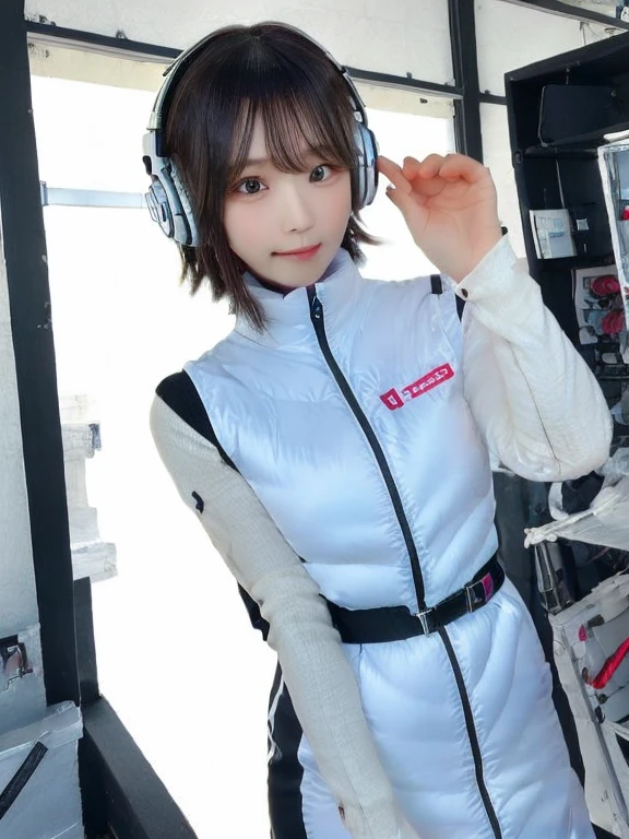 masterpiece, highest quality, Very detailed, 8K Portrait,japanese android girl,Plump , Control panel,Robotic arms and legs, Blunt bangs,,BREAK (metallic gray, metallic luster, mirror finish, astrovest):5,headphone:5,BREAK (black sleeves):100,smartwatch,futuristic space station,control room,BREAK headphone,blue eyes,(black hair):2,(long hair):1.3,look at viewer,(Respirator),BREAK blush:3,hidden hands,smile