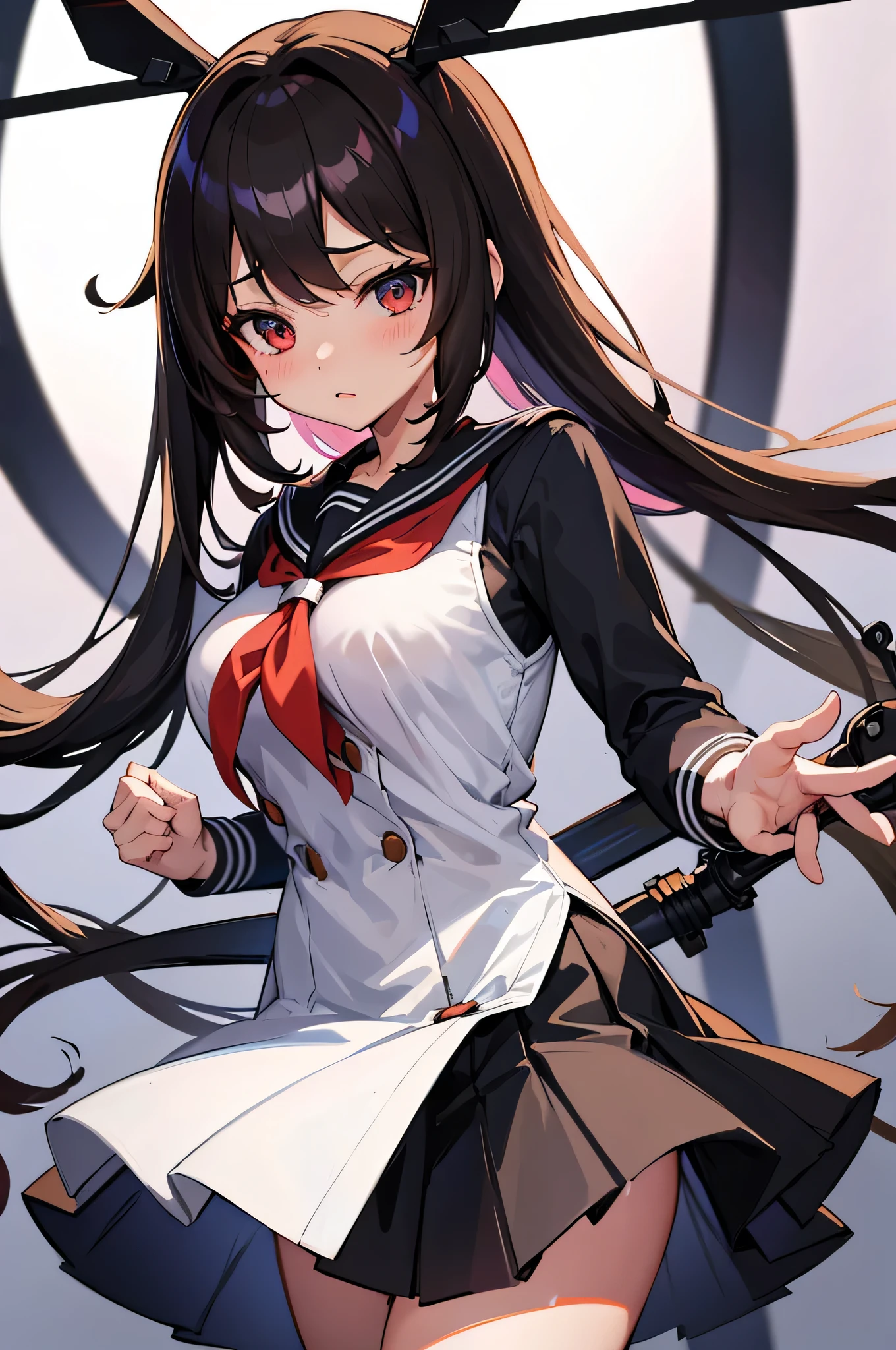 an anime character with long brown tresses and a short miniskirt in sailor very open outfit, holding a bow and arrow, 1girl, solo, lift miniskirt, sexy, very short school uniform, very sexy, se aprecia el cuerpo desnudo tras la ropa, short serafuku, firm medium breasts, long hair, black hair, cowboy miniskirt, looking at viewer, white background, simple background, black serafuku, pleated skirt, blush, random low angle, uncensored, 90% nude, nsfw, all intricate details, (toda la ropa mojada se puede ver a travez)