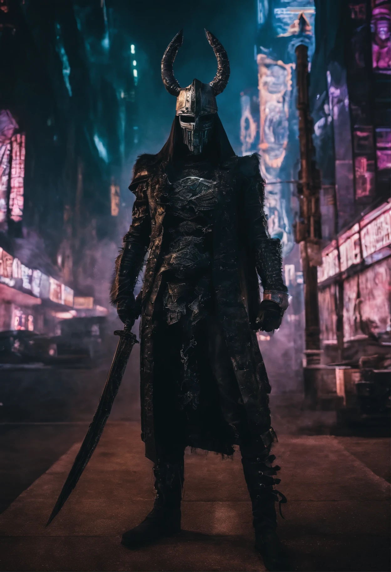(extremely detailed 8k wallpaper), a medium shot photo of  cyberpunk Grim dressed as a masked viking in an armour made of metal from marvel, cyberpunk theme, intricate, high detail, dramatic,  neon city lights in the background 