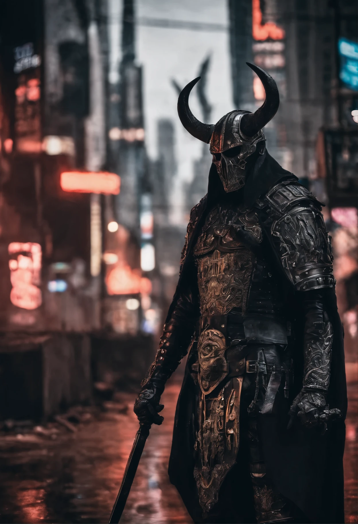 (extremely detailed 8k wallpaper), a medium shot photo of  cyberpunk Grim dressed as a masked viking in an armour made of metal from marvel, cyberpunk theme, intricate, high detail, dramatic,  neon city lights in the background 