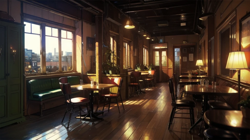 Retro French cafe,evening,,An empty room,Window seat,Lo-fi,chill