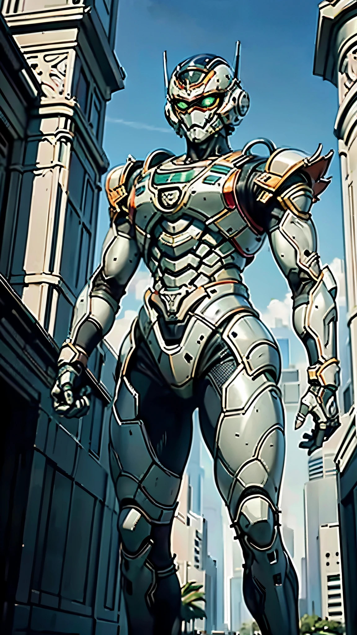 A man wearing a full-face helmet, a fantasy-style biotech armored combat suit, green eyes, (a composite layered chest armor), fully enclosed shoulder guards, matching arm and leg guards, the belt is adorned with Beetle-shaped gem, (the color scheme is primarily black with red accents), the design balances heavy with agility, a high-tech bio-mecha armor, (Dynastinae concept Armor, stand on the top of a skyscraper in a futuristic sci-fi city), this character embodies a finely crafted fantasy-surreal style armored hero in anime style, exquisite and mature manga art style, (element, plasma, energy, the armor glows), ((male:1.5)), metallic, real texture material, dramatic, high definition, best quality, highres, ultra-detailed, ultra-fine painting, extremely delicate, professional, perfect body proportions, golden ratio, anatomically correct, symmetrical face, extremely detailed eyes and face, high quality eyes, creativity, RAW photo, UHD, 32k, Natural light, cinematic lighting, masterpiece-anatomy-perfect, masterpiece:1.5