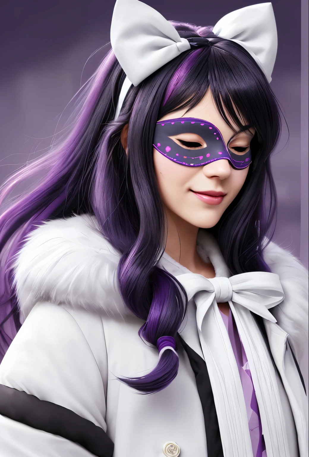 ((custom-eye-mask)), ((patterned mask)), ((patterned eye mask)), string hair ribbon, purple hair, ((realistic)), ((photorealisim)), ((photorealistic)), ((cosplay)), ((real life)), 1girl, solo, closed eyes, black hair, multicolored hair, blush, fur trim, fur-trimmed coat, smile, coat, purple hair, long hair, ((eye mask)), bangs, closed mouth, bow, flying sweatdrops, white coat, ribbon, bandages, two-tone hair, upper body, white bow, hair ornament