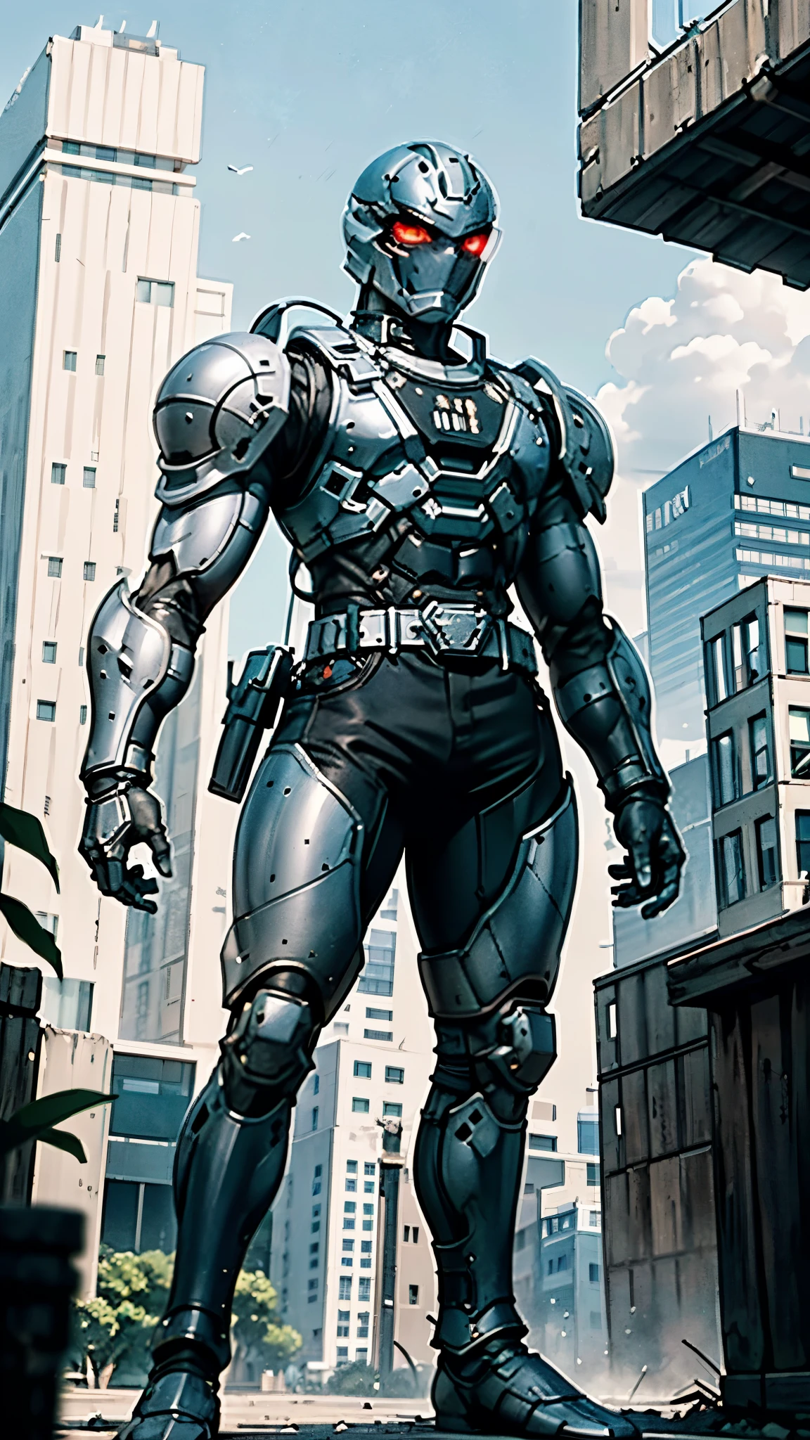 A man wearing a full-face helmet, a fantasy-style biotech armored combat suit, green eyes, (a composite layered chest armor), fully enclosed shoulder guards, matching arm and leg guards, the belt is adorned with Beetle-shaped gem, (the color scheme is primarily black with red accents), the design balances heavy with agility, a high-tech bio-mecha armor, (Dynastinae concept Armor, stand on the top of a skyscraper in a futuristic sci-fi city), this character embodies a finely crafted fantasy-surreal style armored hero in anime style, exquisite and mature manga art style, (element, plasma, energy, the armor glows), ((male:1.5)), metallic, real texture material, dramatic, high definition, best quality, highres, ultra-detailed, ultra-fine painting, extremely delicate, professional, perfect body proportions, golden ratio, anatomically correct, symmetrical face, extremely detailed eyes and face, high quality eyes, creativity, RAW photo, UHD, 32k, Natural light, cinematic lighting, masterpiece-anatomy-perfect, masterpiece:1.5