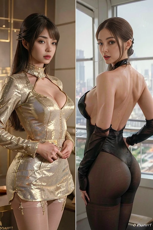 ((Top Quality、16K、masterpiece:1.3))、a tall and beautiful woman、Perfect Figure:1.4、(gothic aesthetic) Slim Abs、vulcan girl (from star trek) pale-golden (silky) hair、60s hairstyle 、pointed ears, small eyebrows, No postural movement、Stand up straight、Huge bust、Highly detailed facial and skin texture、(A detailed eye, Symmetry Eyes, Clear realistic eyes, Double eyelidd、Cold-stricken face、Symmetrical face), tanned brown skin (illuminated, realistic shading sound), goth makeup, Royal sisters full of fans、The Telegraph Esbian、peach buttocks、(black gothic Knit Dress, Very Tight Knit), cleavage, squart、(Raw foto:1.2)、((Photorealcitic:1.4))Top Quality、masterpiece、Real Photography、very delicate and beautiful.、super detailed CG、Unity、8K photo wallpaper、delicate detail、best qualtiy、Highly detailed CG unity 8k wallpaper、absurderes、Incredibly Absurd、huge file size、extremely highly detailed、Hight Resolution、ighly Details、Beautiful detail girl、extremely detailed eyes and face、beautiful delicate eyes、Facial light、cinematic lightings、(big hips, thick thighs, beautiful legs, black pantyhose) 1girll、see -through,Watch your audience, Plane Air, high ponytail、ulzzang-6500、The Telegraph Esbian, different poses at different angles,