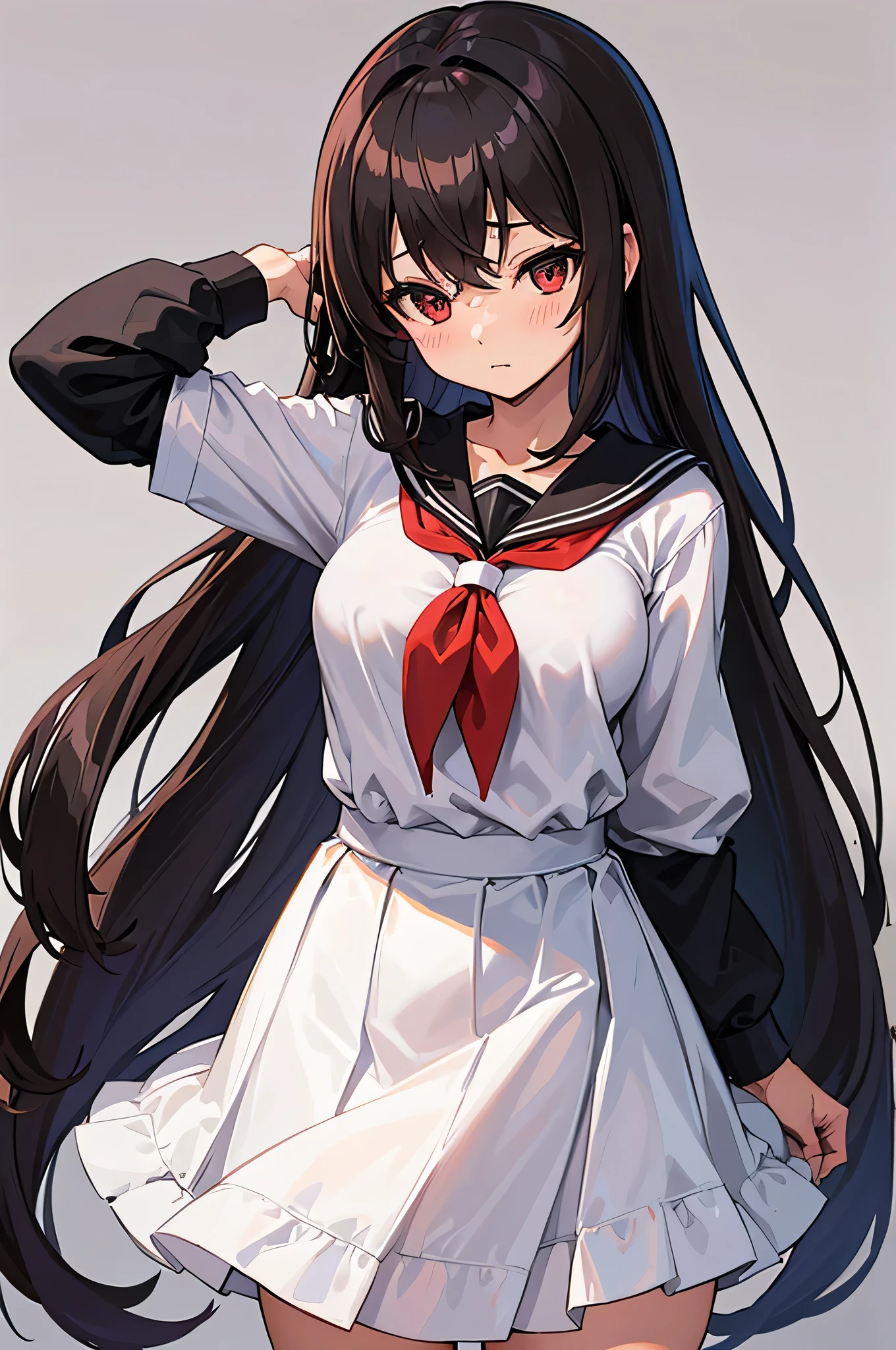 an anime character with long brown tresses and a short miniskirt in sailor very open outfit, holding a bow and arrow, 1girl, solo, lift miniskirt, sexy, very short school uniform, very sexy, se aprecia el cuerpo desnudo tras la ropa, short serafuku, firm medium breasts, long hair, black hair, cowboy miniskirt, looking at viewer, white background, simple background, black serafuku, pleated skirt, blush, random low angle, uncensored, 90% nude, nsfw, all intricate details, (toda la ropa mojada se puede ver a travez) see nipple and vagina