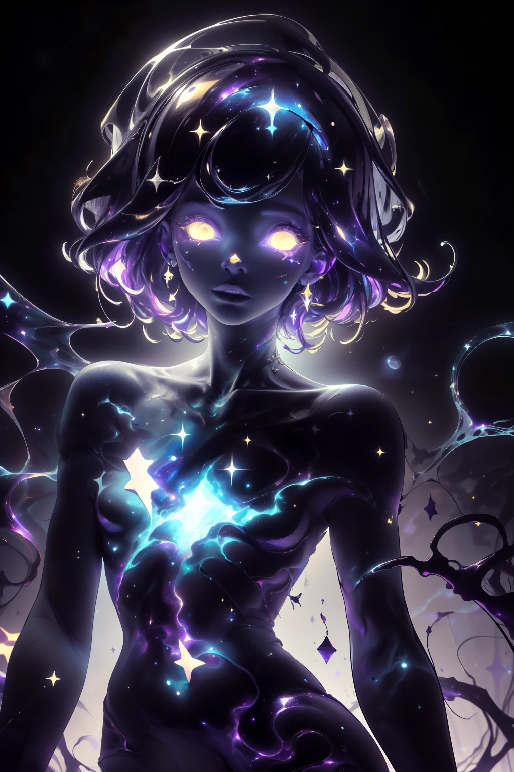 ((This is a dark masterpiece with deep shadows.)) Generate a  female dark divine being with ((pure black galaxy skin)). Her face is onyx black but still detailed and stunning. (Her face is important and has realistic shading and puffy lips). Her (opaque) eyes are luminous and shimmering in hues of purples and blues. (Her torso is important). This image is compelling with dynamic composition and energetic posing. Include many fantasy details such as bumps, phantasmal iridescence, glitter, galaxy, cosmos, ((dark celestialskin body, void cosmic body)), (((dark background))), (((lights off))), (((hollywood dark))), horror, dramatic shadows, (in a dark fantasy space:1.3, glitter, sparkle, gleam), female torso
