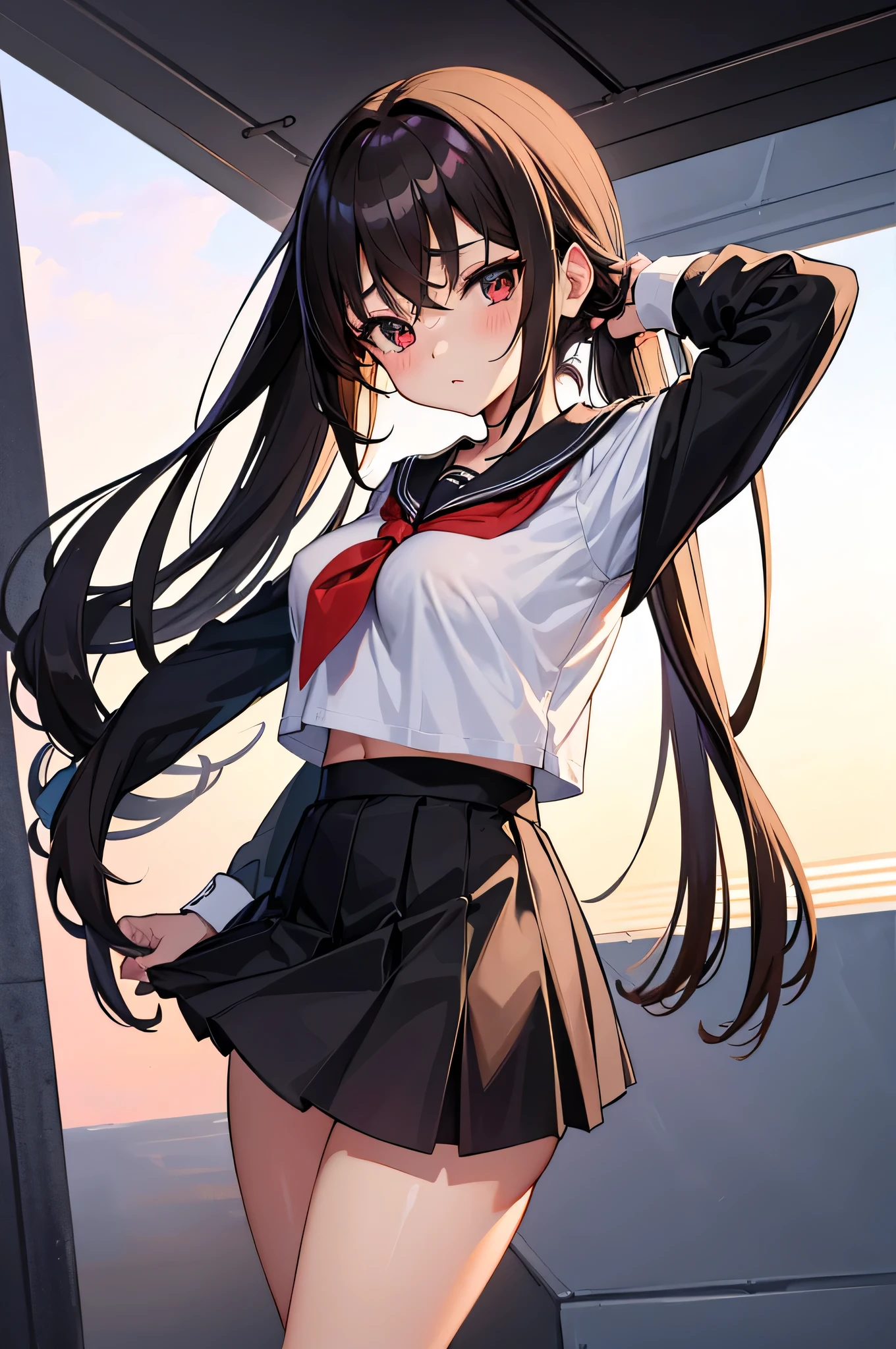an anime character with long brown tresses and a short miniskirt in sailor very open outfit, holding a bow and arrow, 1girl, solo, lift miniskirt, sexy, very short school uniform, very sexy, se aprecia el cuerpo desnudo tras la ropa, short serafuku, firm medium breasts, long hair, black hair, cowboy miniskirt, looking at viewer, white background, simple background, black serafuku, pleated skirt, blush, random low angle, uncensored, 90% nude, nsfw, all intricate details, (toda la ropa mojada se puede ver a travez) see nipple and vagina
