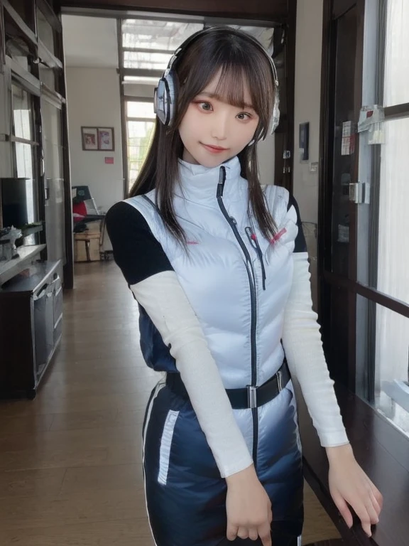 masterpiece, highest quality, Very detailed, 8K Portrait,japanese android girl,Plump , Control panel,Robotic arms and legs, Blunt bangs,,BREAK (metallic gray, metallic luster, mirror finish, astrovest):5,headphone:5,BREAK (black sleeves):100,smartwatch,futuristic space station,control room,BREAK headphone,blue eyes,(black hair):2,(long hair):1.3,look at viewer,(Respirator),BREAK blush:3,hidden hands,smile