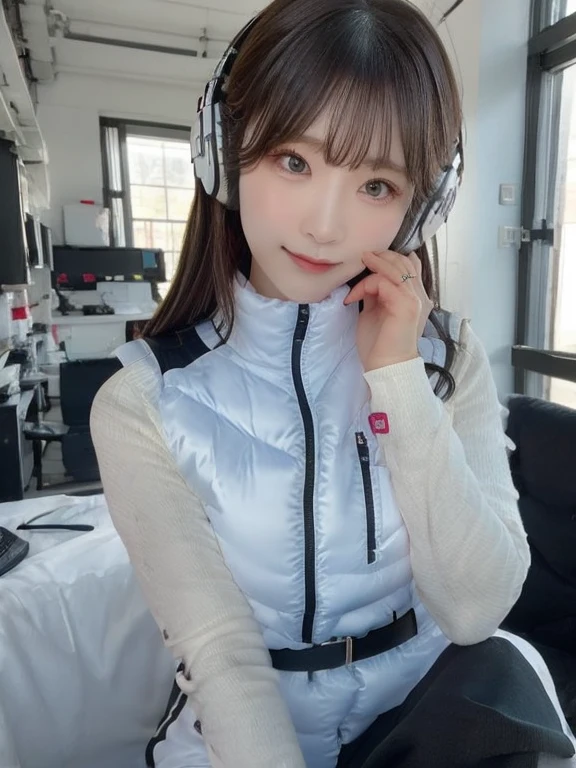 masterpiece, highest quality, Very detailed, 8K Portrait,japanese android girl,Plump , Control panel,Robotic arms and legs, Blunt bangs,,BREAK (metallic gray, metallic luster, mirror finish, astrovest):5,headphone:5,BREAK (black sleeves):100,smartwatch,futuristic space station,control room,BREAK headphone,blue eyes,(black hair):2,(long hair):1.3,look at viewer,(Respirator),BREAK blush:3,hidden hands,smile