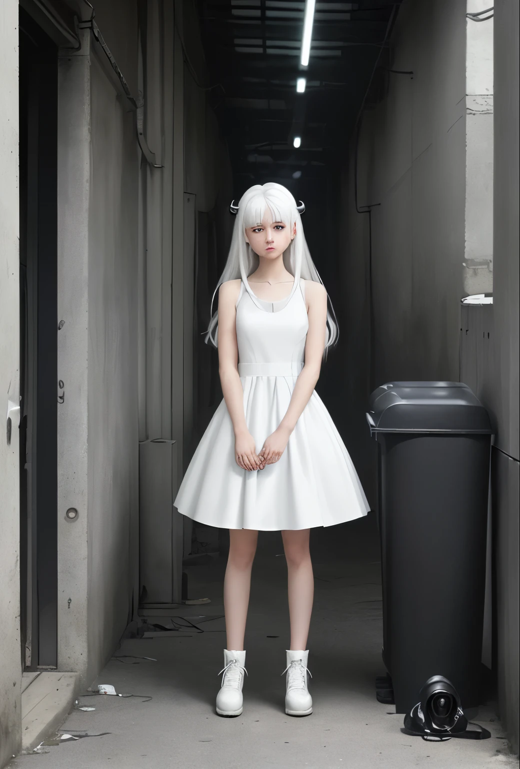 ((masterpiece, best quality)),a girl, solo, dress, standing, halo, alley, outdoors, bangs, white dress, white hair, long hair, black footwear, industrial pipe, looking at viewer, air conditioner,dark lighting, garbage, garbage bin, hxh2011