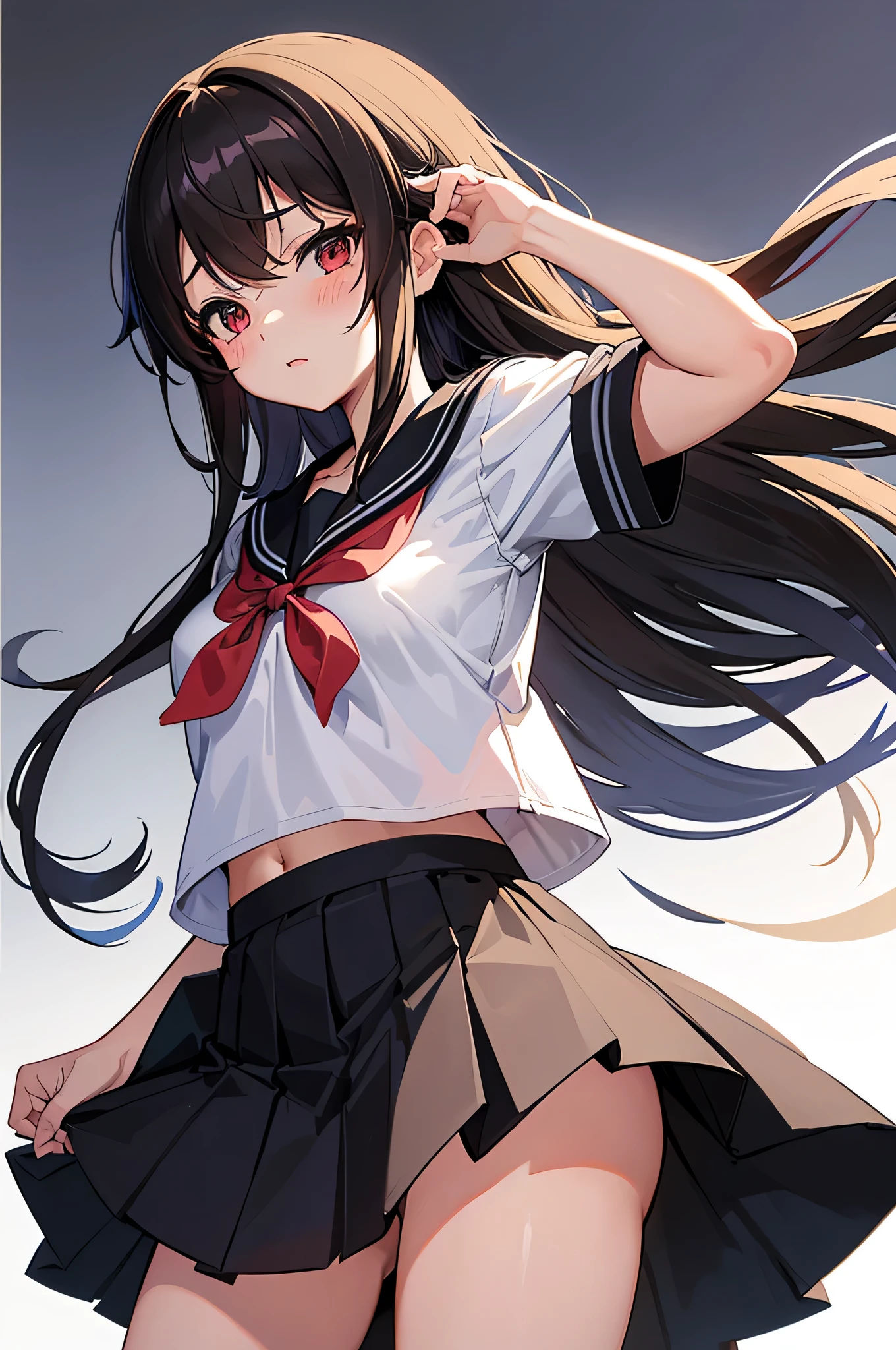 an anime character with long brown tresses and a short miniskirt in sailor very open outfit, holding a bow and arrow, 1girl, solo, lift miniskirt, sexy, very short school uniform, very sexy, se aprecia el cuerpo desnudo tras la ropa, short serafuku, firm medium breasts, long hair, black hair, cowboy miniskirt, looking at viewer, white background, simple background, black serafuku, pleated skirt, blush, random low angle, uncensored, 90% nude, nsfw, all intricate details, (toda la ropa mojada se puede ver a travez)
