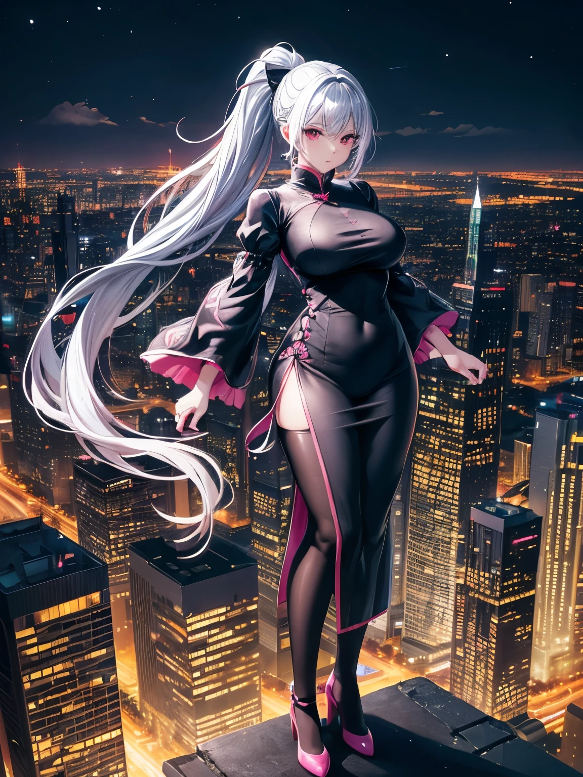 anime, (artwork, best quality, ultra-detailed, high contrast), 1 woman (Alone, full body, plus size body, standing on the edge of the skyscraper, silver hair, LONG In a ponytail, red eyes, perfect eyes ruby sparkles, (simple black qipao, black cybernetics with neon pink), transparent black socks), (skyscraper roof, overlooking a city, detailed background ((night time, Darkness, low light pollution)))