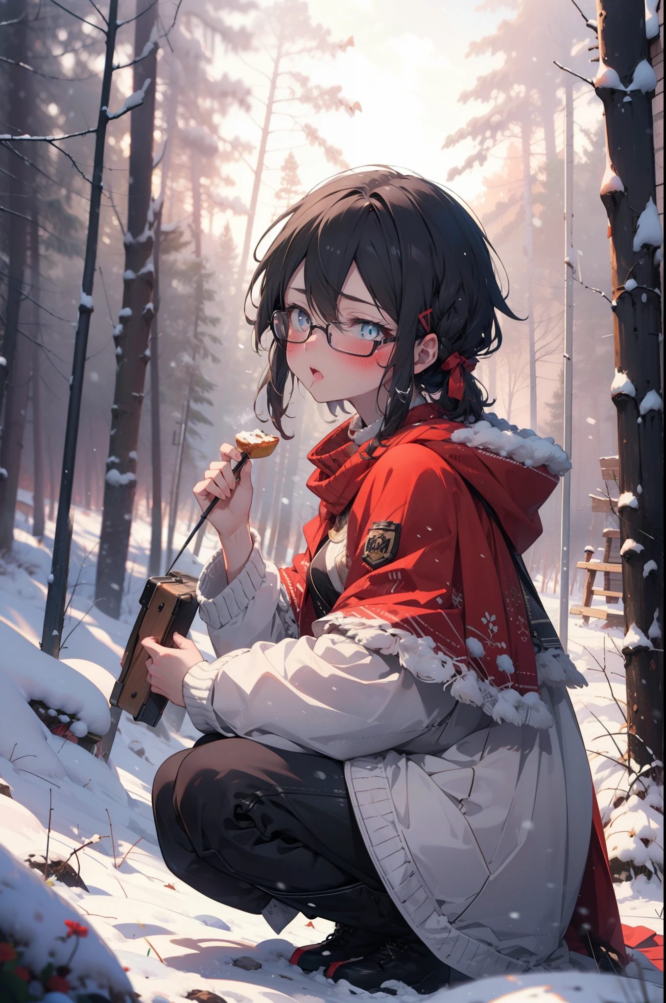 Shino Asada, Shino Asada, (black eye:1.5), Black Hair, Hair between the eyes, Hair Ribbon, short hair, Side Lock, Glasses, (Small breasts:1.2),blush,White Breath,
Open your mouth,snow,Ground bonfire, Outdoor, boots, snowing, From the side, wood, suitcase, Cape, Blurred, having meal, forest, White handbag, nature,  Squat, Mouth closed, Cape, winter, Written boundary depth, Black shoes, red Cape break looking at viewer, Upper Body, whole body, break Outdoor, forest, nature, break (masterpiece:1.2), highest quality, High resolution, unity 8k wallpaper, (shape:0.8), (Beautiful and beautiful eyes:1.6), Highly detailed face, Perfect lighting, Highly detailed CG, (Perfect hands, Perfect Anatomy),