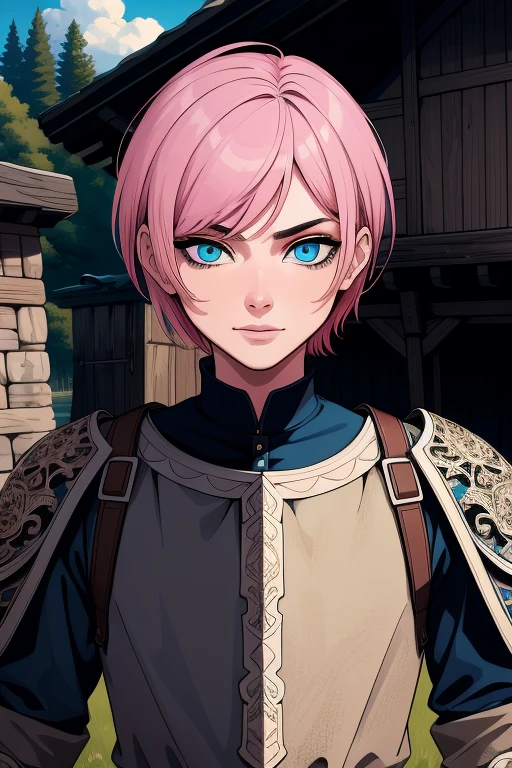 ((detailed eyes:1.2), detalied face, (dross), (solo:1.2), intricate details, ultra details, best quality, ultra quality, all focus),
outdoor,
(facing camera, straight on view, looking at viewer,),
(1boy, very short hair, pink hair, blue eyes, wearing medieval armor full body