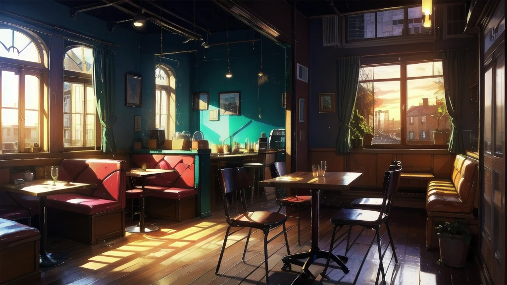 Retro French cafe,evening,,An empty room,Window seat,Lo-fi,chill