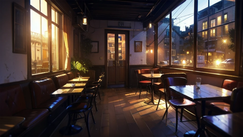Retro French cafe,evening,,An empty room,Window seat,Lo-fi,chill