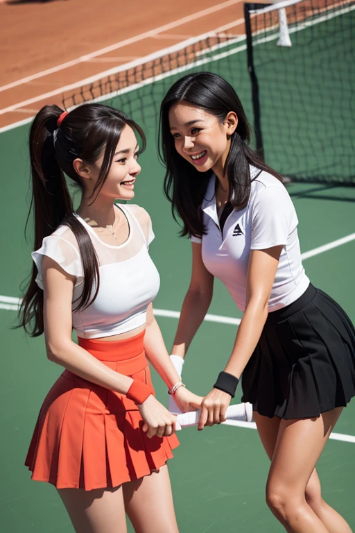 on the tennis court, 2 women friends. young woman in a white pleated skirt, short-sleeved top, long black hair gathered in a high ponytail, playing tennis with another woman with long scarlet hair in a top and a red short skirt, smiles