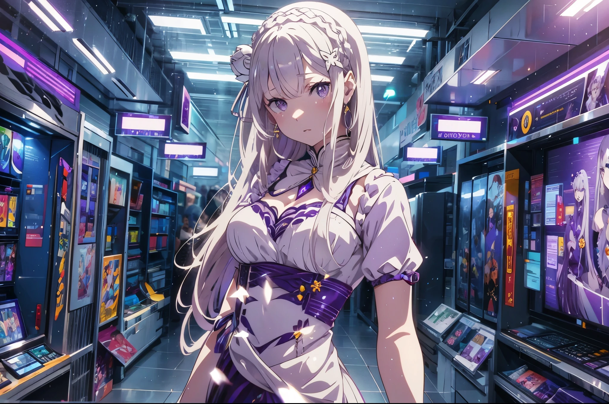 Emilia re:zero, purple eyes, Emilia, crown braid, x hair ornament, flower hair ornament, white hair, long hair, medium breasts, More beautiful and realistic face