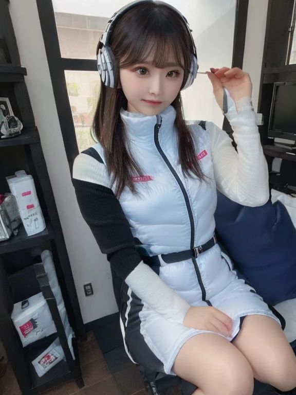 masterpiece, highest quality, Very detailed, 8K Portrait,japanese android girl,Plump , Control panel,Robotic arms and legs, Blunt bangs,,BREAK (metallic gray, metallic luster, mirror finish, astrovest):5,headphone:5,BREAK (black sleeves):100,smartwatch,futuristic space station,control room,BREAK headphone,blue eyes,(black hair):2,(long hair):1.3,look at viewer,(Respirator),BREAK blush:3,hidden hands,smile