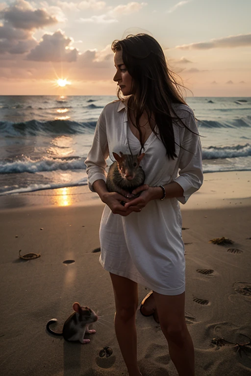 Lady with a rat on the beach at sunrise