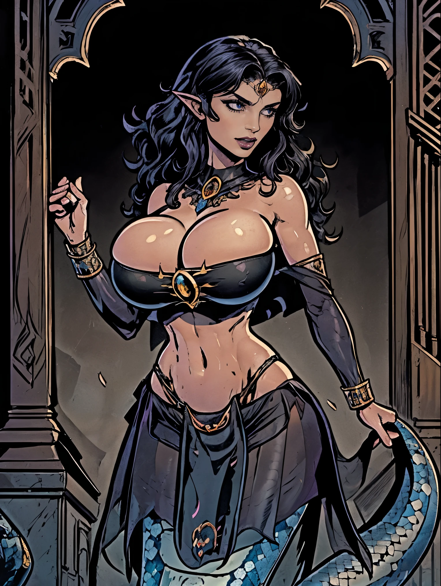 (masterpiece, top quality, best quality, official art, beautiful and aesthetic:1.2), (1girl:1.3), perfect skin, extremely detailed, portrait, looking at viewer, solo, (full body:0.6), detailed background, close up, (dark temple theme:1.1), giant brunette monster woman, ((big hair)), (pale skin, off-white skin), ((lamia, gigantic snake tail, (dancing), arched back)), charlatan, smirk, mysterious, dark ancient cathedral, jewelry, body decorations, tight sleeves, black armor, armlets, bracelets, waist chain, ((((bandeau top, gigantic breasts, pelvic curtain)))), slim waist, slim hips, long legs, (ruined ancient cathedral background:1.1) detailed background, dark mysterious lighting, shadows, magical atmosphere, dutch angle,