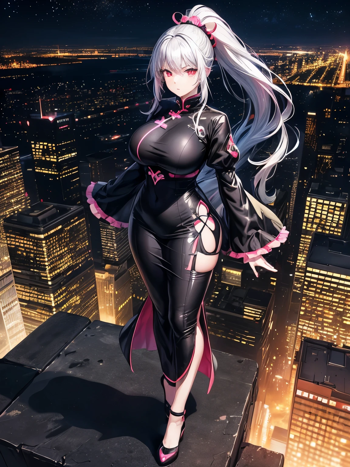 anime, (artwork, best quality, ultra-detailed, high contrast), 1 woman (Alone, full body, plus size body, standing on the edge of the skyscraper, silver hair, LONG In a ponytail, red eyes, perfect eyes ruby sparkles, (simple black qipao, black cybernetics with neon pink), transparent black socks), (skyscraper roof, overlooking a city, detailed background ((night time, Darkness, low light pollution)))