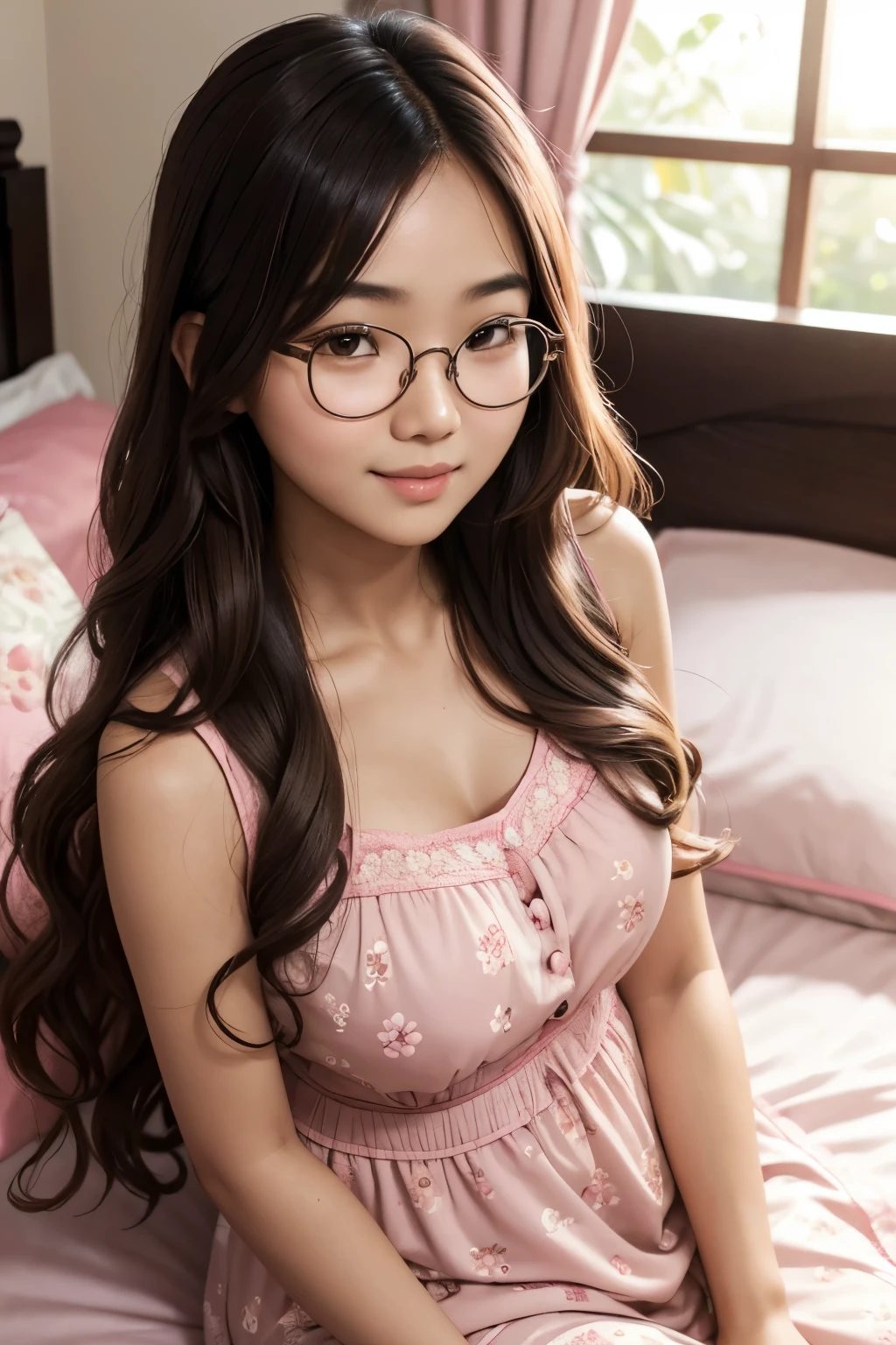 detailed face of half  body photo. 25 year old Indonesian girl with a sweet  face,  big  round face and long brown wavy hair, round glasses wearing a pink sleeveless nightgown with a floral pattern, sitting on luxurious bedroom