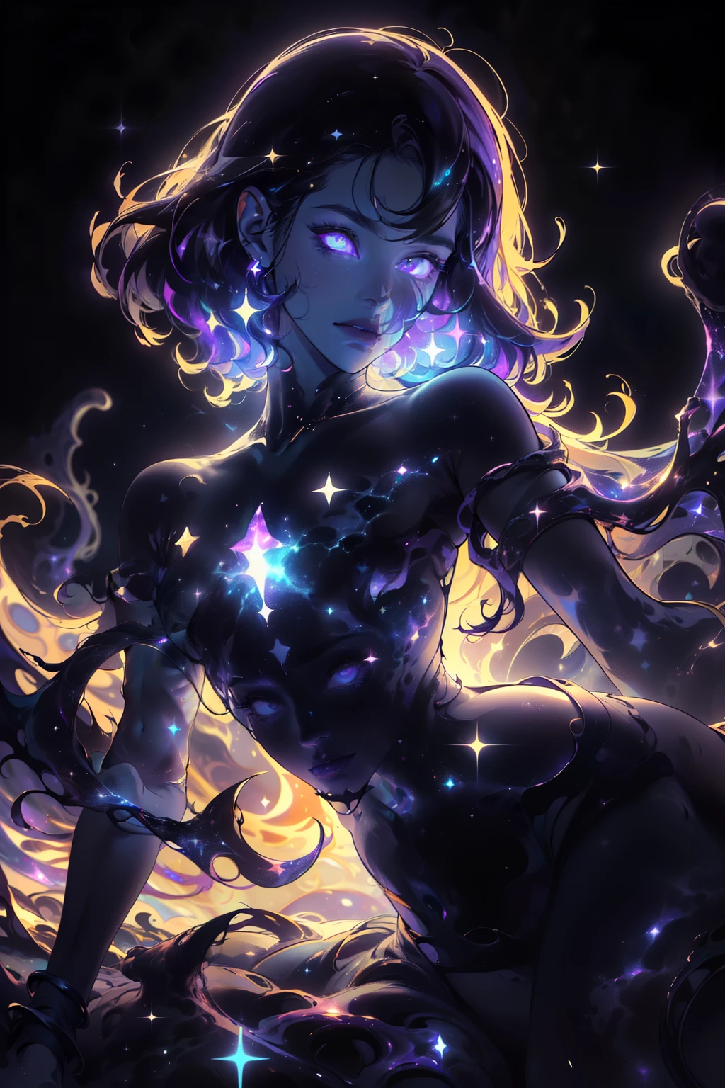 ((This is a dark masterpiece with deep shadows.)) Generate a female dark divine being with ((pure black galaxy skin)). Her face is onyx black but still detailed and stunning. (Her face is important and has realistic shading and puffy lips). Her (opaque) eyes are luminous and shimmering in hues of purples and blues. (Her torso is important). This image is compelling with dynamic composition and energetic posing. Include many fantasy details such as bumps, phantasmal iridescence, glitter, galaxy, cosmos, ((dark celestialskin body, void cosmic body)), (((dark background))), (((lights off))), (((hollywood dark))), horror, dramatic shadows, (in a dark fantasy space:1.3, glitter, sparkle, gleam), female torso