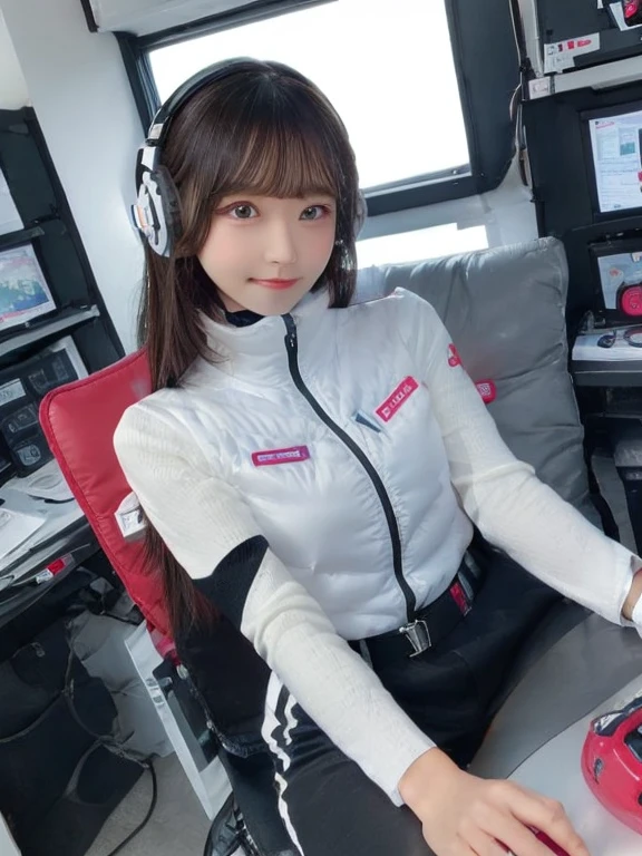masterpiece, highest quality, Very detailed, 8K Portrait,japanese android girl,Plump , Control panel,Robotic arms and legs, Blunt bangs,,BREAK (metallic gray, metallic luster, mirror finish, astrovest):5,headphone:5,BREAK (black sleeves):100,smartwatch,futuristic space station,control room,BREAK headphone,blue eyes,(black hair):2,(long hair):1.3,look at viewer,(Respirator),BREAK blush:3,hidden hands,smile