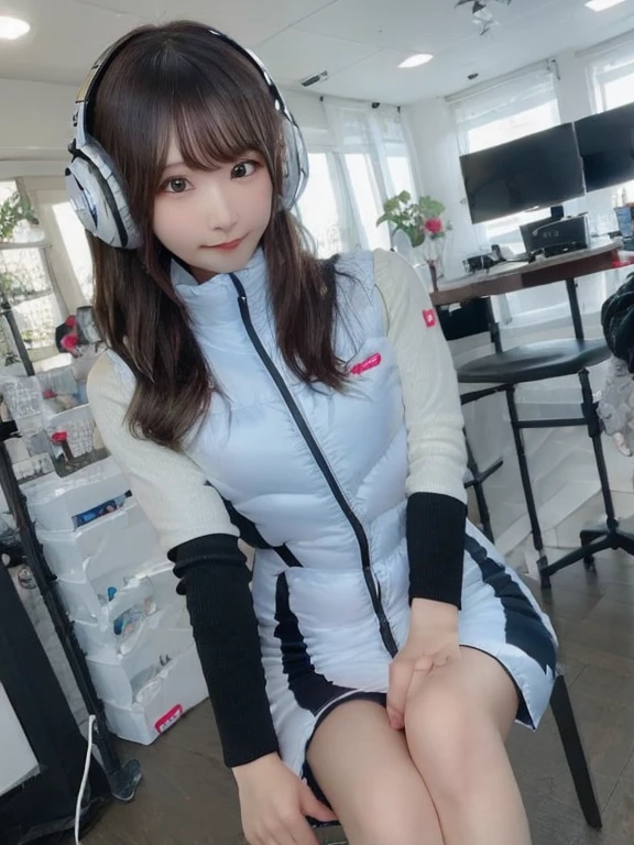 masterpiece, highest quality, Very detailed, 8K Portrait,japanese android girl,Plump , Control panel,Robotic arms and legs, Blunt bangs,,BREAK (metallic gray, metallic luster, mirror finish, astrovest):5,headphone:5,BREAK (black sleeves):100,smartwatch,futuristic space station,control room,BREAK headphone,blue eyes,(black hair):2,(long hair):1.3,look at viewer,(Respirator),BREAK blush:3,hidden hands,smile