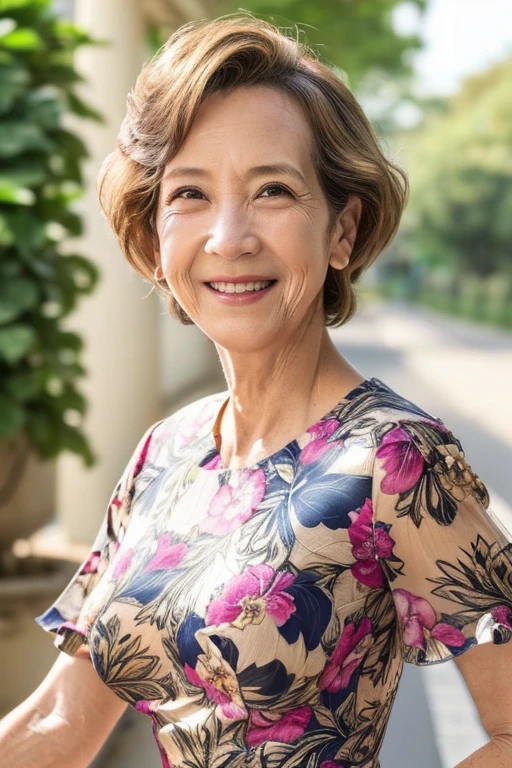 (masutepiece:1.4), High Definition,(High quality:1.4),(60-year-old woman:1.4),(wrinkles on the face:1.4),Beautie,(Sheath dress mini length:1.4), Puffy sleeves,Big breasts,Smile,