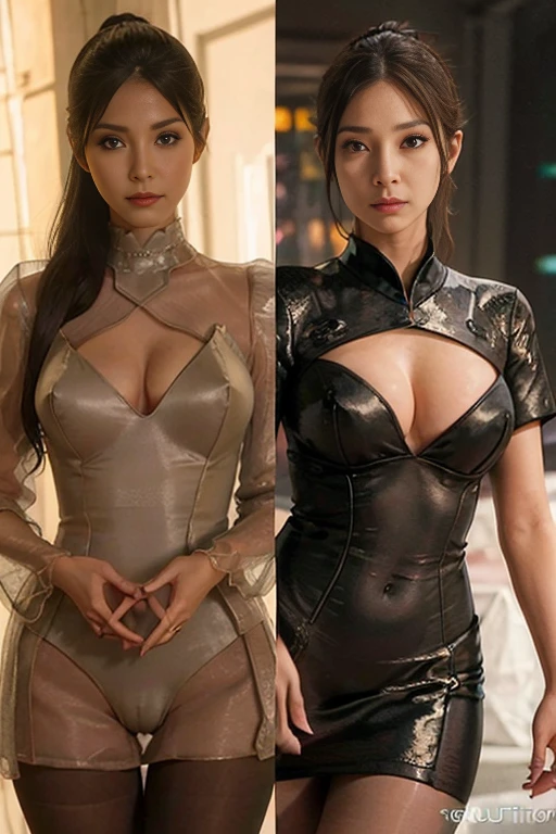 ((Top Quality、16K、​masterpiece:1.3))、a tall and beautiful woman、Perfect Figure:1.4、(gothic aesthetic) Slim Abs、vulcan girl (from star trek) pale-golden (silky) hair、60s hairstyle 、pointed ears, small eyebrows, No postural movement、Stand up straight、Huge bust、Highly detailed facial and skin texture、(A detailed eye, Symmetry Eyes, Clear realistic eyes, Double eyelidd、Cold-stricken face、Symmetrical face), tanned brown skin (illuminated, realistic shading sound), goth makeup, Royal sisters full of fans、The Telegraph Esbian、peach buttocks、(black gothic Knit Dress, Very Tight Knit), cleavage,  squart、(Raw foto:1.2)、((Photorealcitic:1.4))Top Quality、​masterpiece、Real Photography、very delicate and beautiful.、super detailed CG、Unity、8K photo wallpaper、delicate detail、best qualtiy、Highly detailed CG unity 8k wallpaper、absurderes、Incredibly Absurd、huge file size、extremely highly detailed、Hight Resolution、ighly Details、Beautiful detail girl、extremely detailed eyes and face、beautiful delicate eyes、Facial light、cinematic lightings、(big hips, thick thighs, beautiful legs, black pantyhose) 1girll、see -through,Watch your audience, Plane Air, high ponytail、ulzzang-6500、The Telegraph Esbian, different poses at different angles,