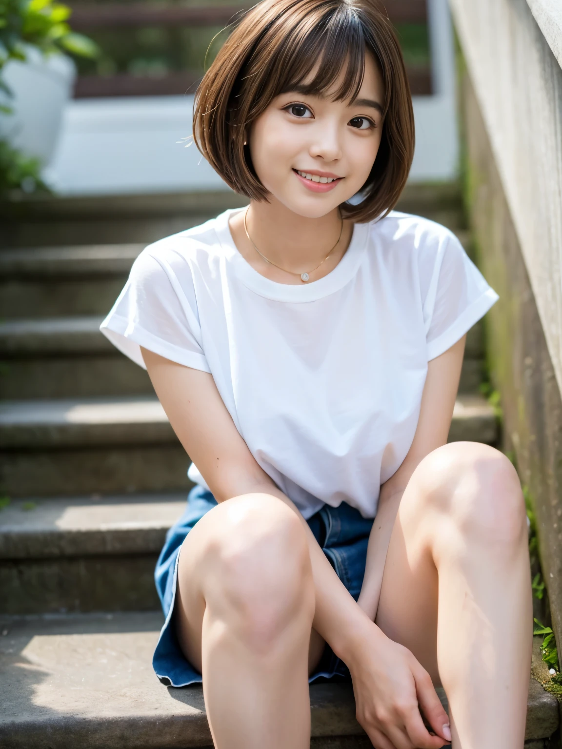 Best-quality, Masterpiece, Ultra-High-Resolution, (Photorealistic:1.4), Raw Photo, depth of field, professional lighting, perfect anatomy, extremely details, 1girl, the most famous Japanese idol, ((sitting on stairs, spread thighs)), wearing summer-clothes, (extremely cute face, (((extremely cute and extremely big eyes))), extremely beautiful short-cut-haired, extremely beautiful skins), realistic skin texture, extremely cute long-eyelashes, extremely cute lips, childish body, extremely beautiful inner-thighs, looking at viewer, innocent-smile