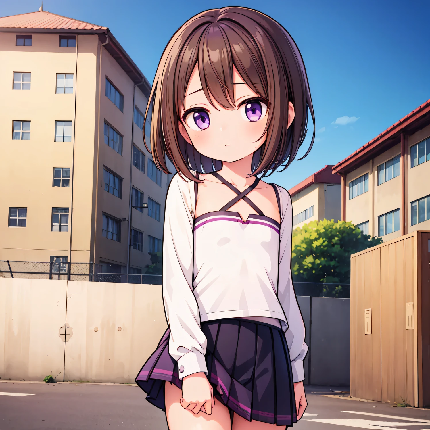 (High quality), (masterpiece), (very detailed), girl, (flat chest:1.6), short brown hair, purple eyes, shy face, primary girl, tight white blouse, black skirt with pleats, (chibi:0.6), showing her thighs, on the school yard, sunny